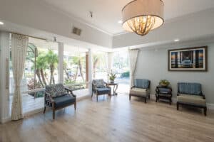 Lobby with hardwood floors and chairs